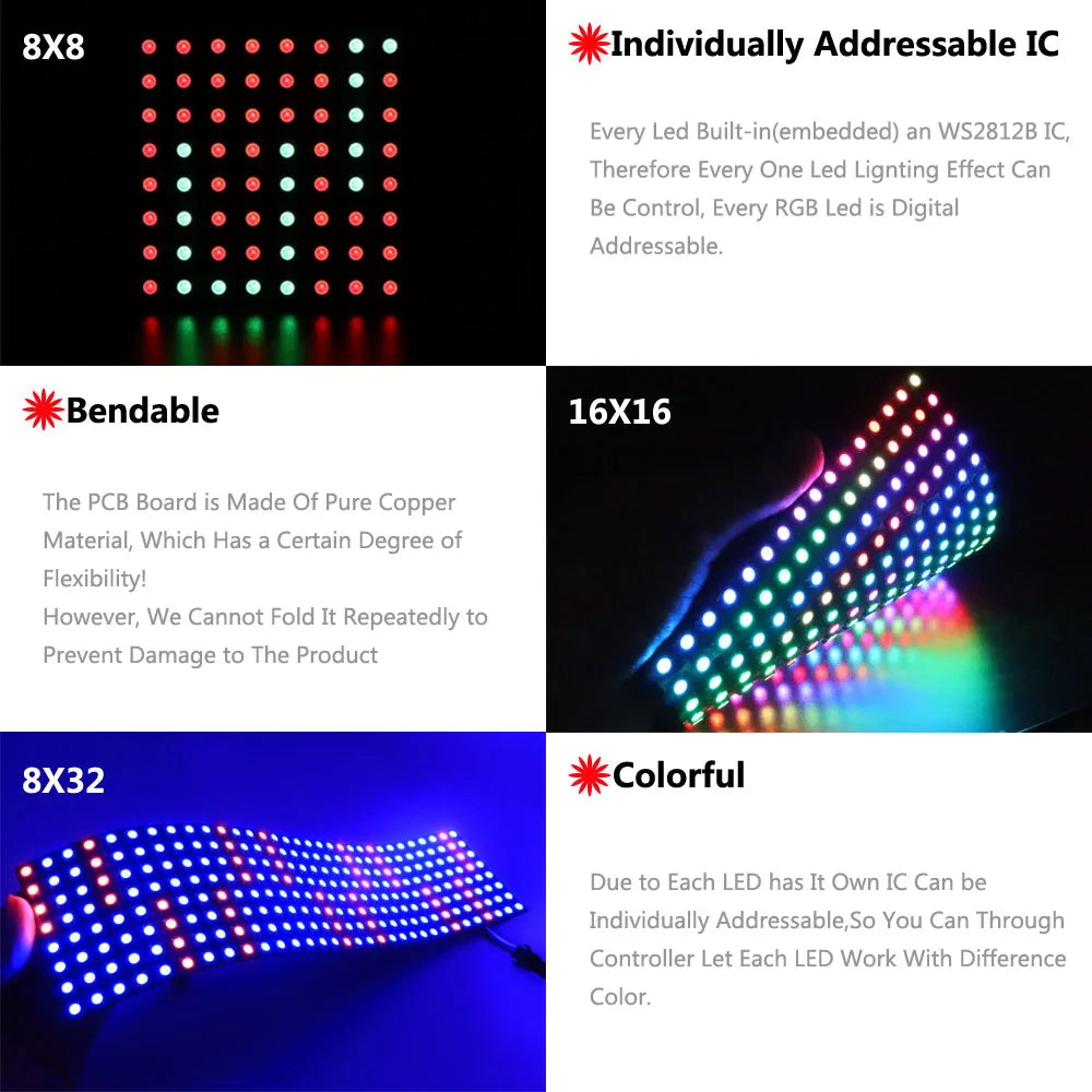 1~5Pcs WS2812B 16X16 RGB LED Digital Flexible Individually Addressable Panel Light Strip WS2812 8X8 8X32 Module Matrix Screen 5V