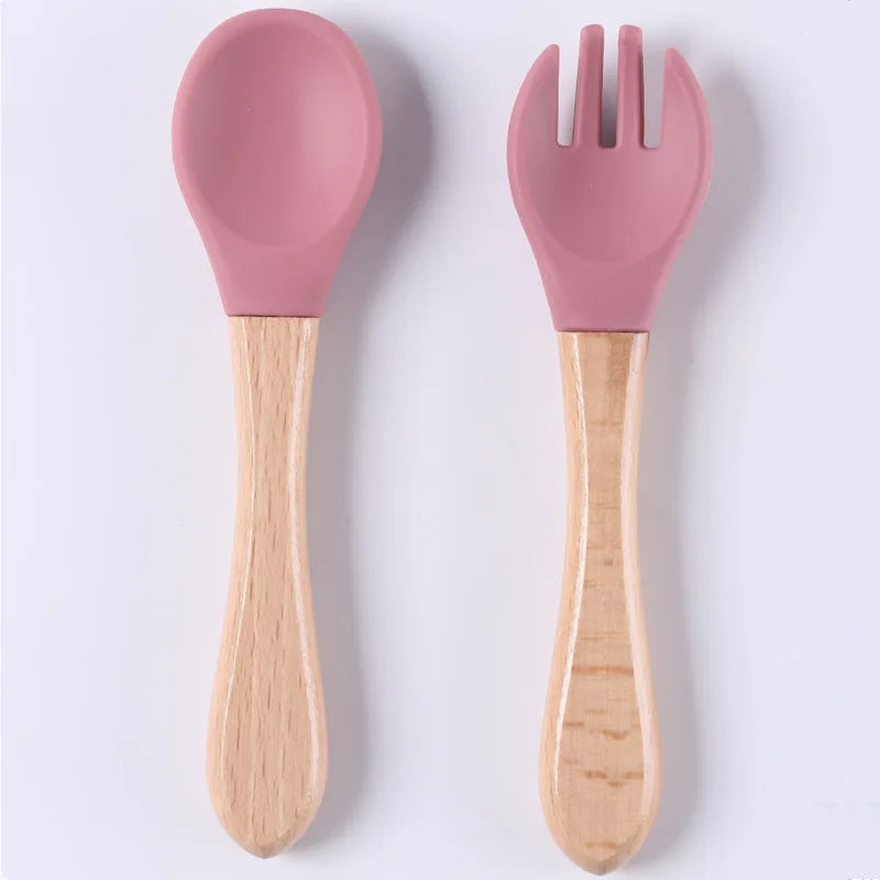 Custom Name Personalized Baby Bamboo Fork Silicone Wooden Feeding Spoon Toddlers Infant Feeding Accessories Organic BPA Free