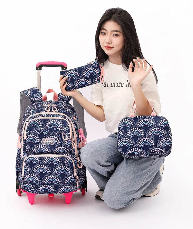 Rolling School Bags for Girls Backpack Children Waterproof School Backpacks with Wheels Middle School Trolley Luggage Back Pack - AIAZ