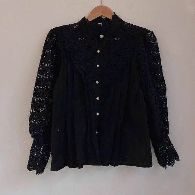 Women's Summer Lace Shirt Button White Top Fashionable Casual Top for Spring Autumn4107 - AIAZ