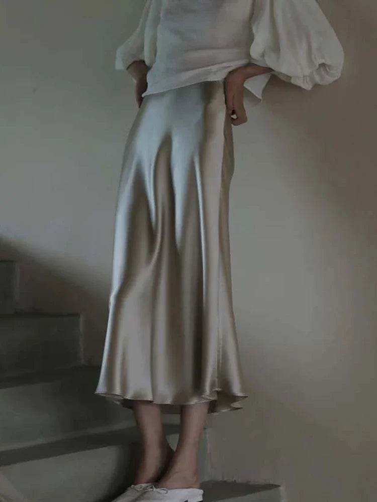 High Waisted Satin Long Skirts for Women Spring/Summer New 2025 Women's Skirt A-line Fashion Elegant Slim Fit Grey Black Skirt - AIAZ