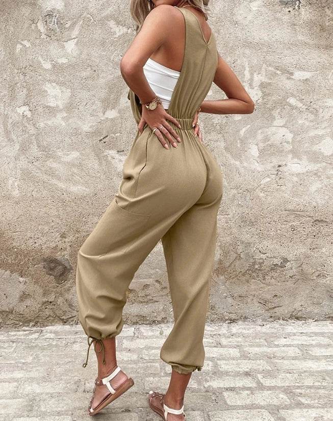 Women's Jumpsuit 2024 Spring/summer Latest Square Collar Sleepless Pocket Design Drawstring Suspender Romper Drawstring Bodysuit - AIAZ