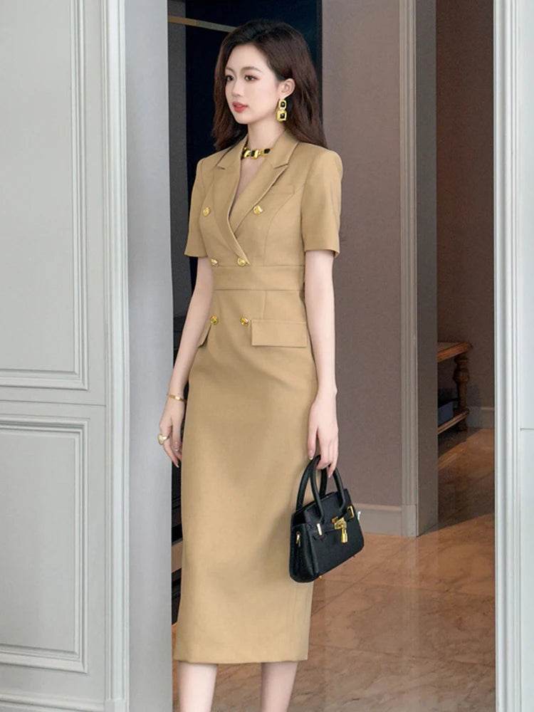 Elegant Office Lady Classic Business Formal Pencil Dress Women Clothes Blazer Commute Short Sleeve High Waist Slim Midi Vestidos - AIAZ
