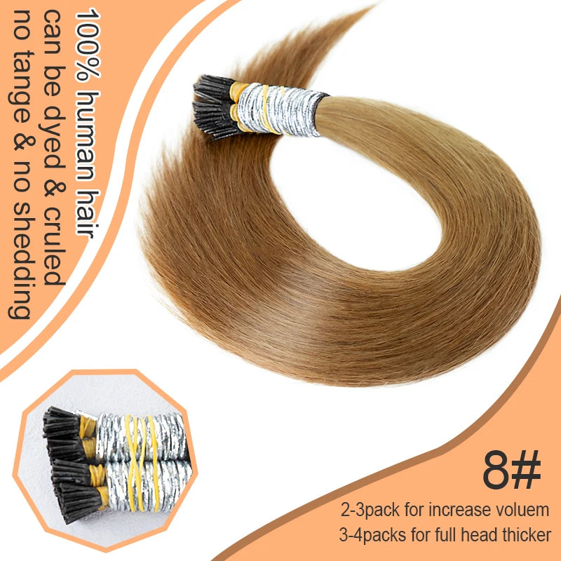 100% Human Hair Straight I Tip Hair Extensions Natural Real Human Fusion Hair Extensions Keratin Capsule Brown 613 Blonde Color