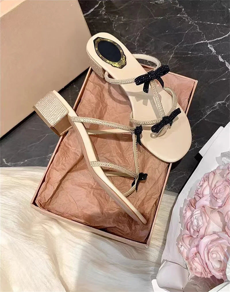 Hlieny Silver Crystal Bowknot Slipper Summer Outdoor Sandal Women Square Low Heel Beach Slip On Flip Flop Slides Shoes Size 40