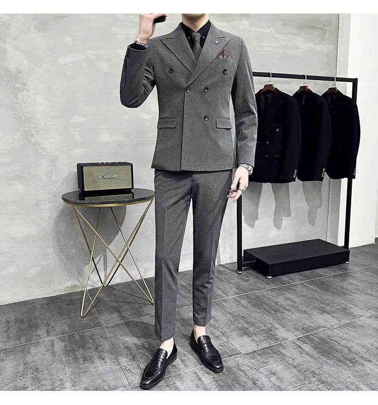 Jackets + Pants / Groom's Wedding Dress Best Fashion Mans Double -breasted Suit Blazer Trousers Male Formal Business Office Suit - AIAZ