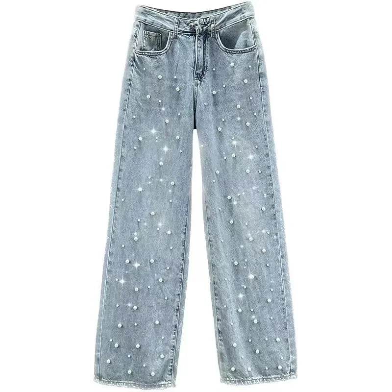 Denim Pants Fashion Beaded Jeans Wide-Leg Pants Female Tide 2025 New Spring And Summer High Waist Loose Mop Pants - AIAZ