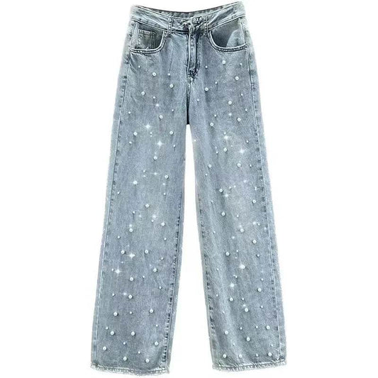 Denim Pants Fashion Beaded Jeans Wide-Leg Pants Female Tide 2025 New Spring And Summer High Waist Loose Mop Pants - AIAZ