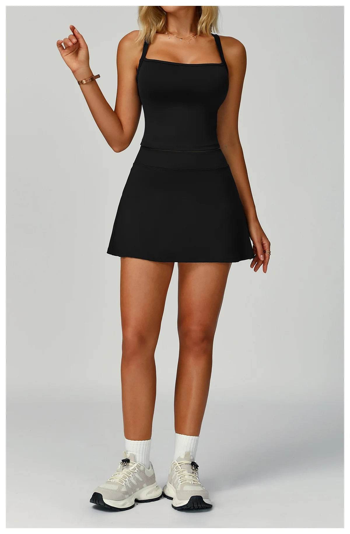 Tennis Top and Skirt Set Women Summer Sport Active Wear Badminton Golf Wear Yoga Outdoor Running Suit Black White Pink Skort - AIAZ