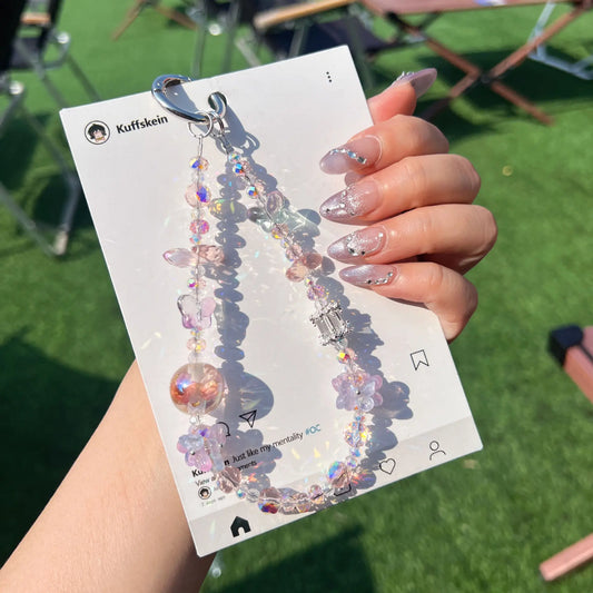 2025New Fashion Crystal Beaded Keychain for Women Phone Lanyard Wrist Strap 3 Colors (Pink/Blue/White) with Butterfly Charm Gift