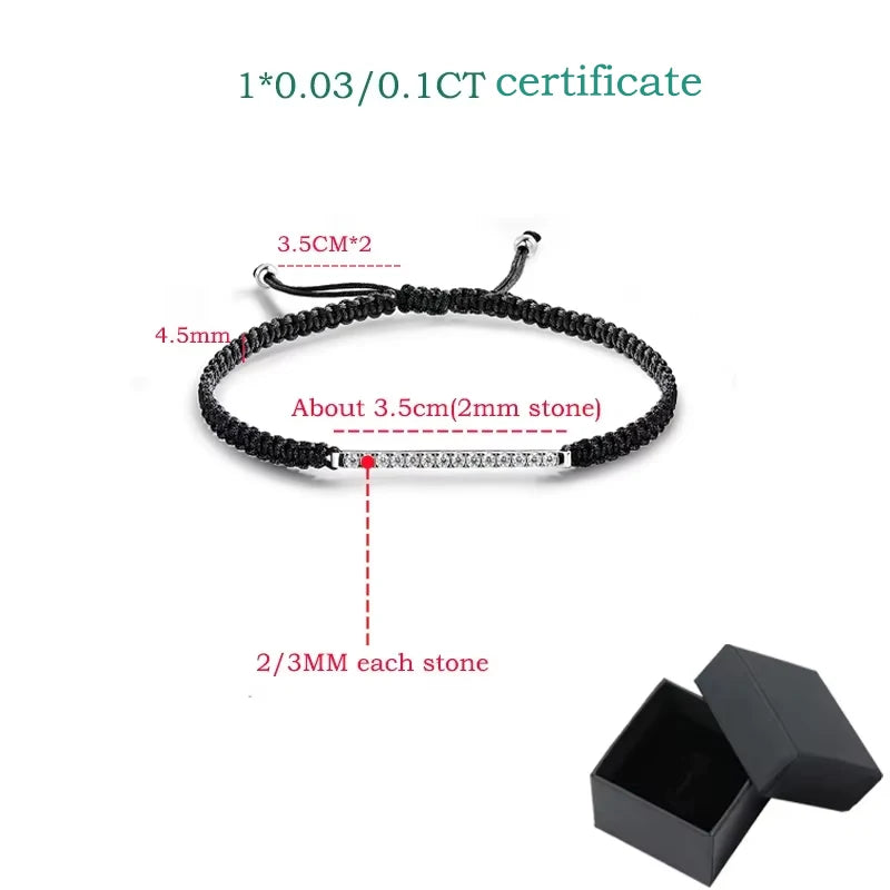 Smyoue 2/3mm Braided-rope Full Moissanite Bracelets for Women Men Adjustable Jewelry 100% 925 Sterling Silver Plated 18k Chain