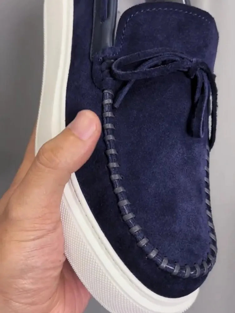 Fashion Mens Lace Up Slip On Loafers Thick Platform Real Suede Leather Business Casual Shoes Round Toe Comfortable Driving Shoes