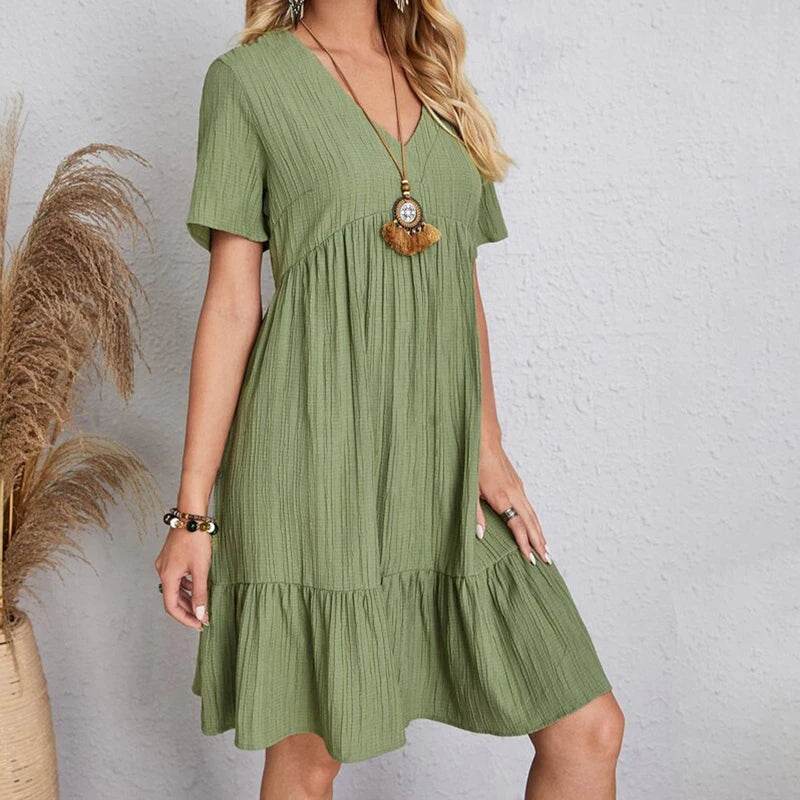 Women Mini Dress Summer Casual Solid V Neck Ruffles A-line Dress Female Fashion Holiday Boho Loose Beach Elegant Dresses Vestido - AIAZ