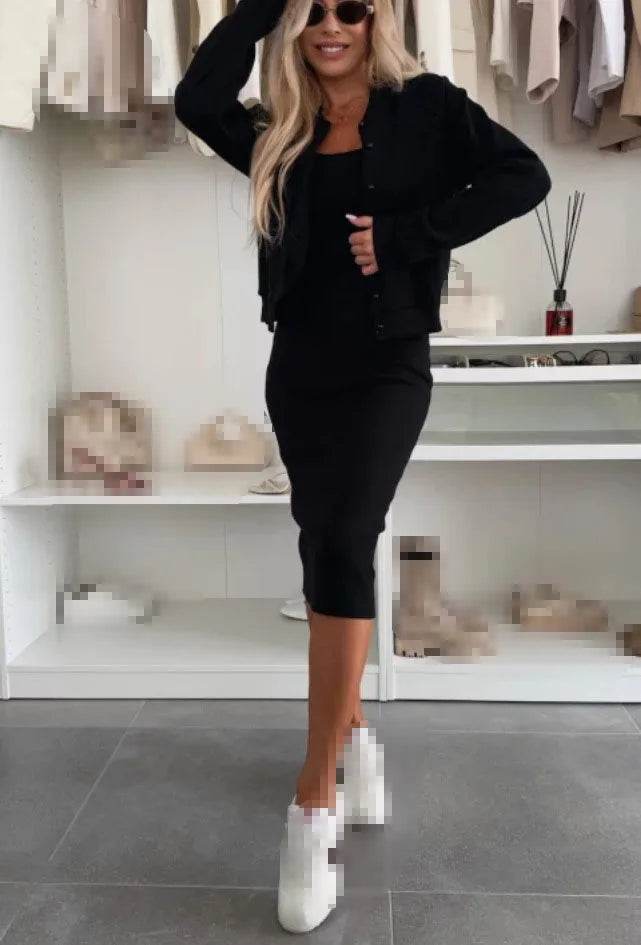 Women Fashion Solid Dress Set Spring Autumn With Cover-Up Slim 2-Piece Suit Split Hem High Waist Cardigan Ladies Set Outfit - AIAZ