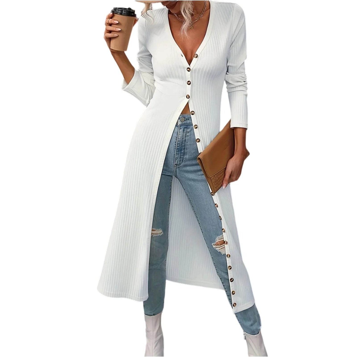 Women's Cardigan V-Neck T-Shirt Tops Fashionable Casual Solid-Color Long-Sleeved Long Tops Single Breasted Slim Fit Streetwear - AIAZ