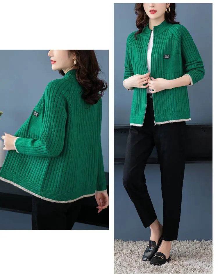 Knitted Cardigan Women's Coat 2025 Autumn Winter New Long sleeved Casual Zipper Sweaters Outwear Female Short Knitt Jacket - AIAZ