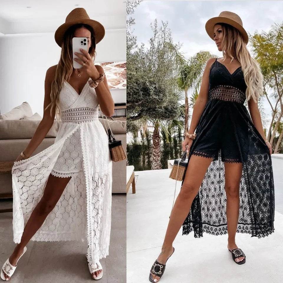 Women's Dress White Hollow Out Cotton Sundress Lace Sleeveless Long Splicing Summer Party Elegant Evening Woman Skirt Clothing - AIAZ