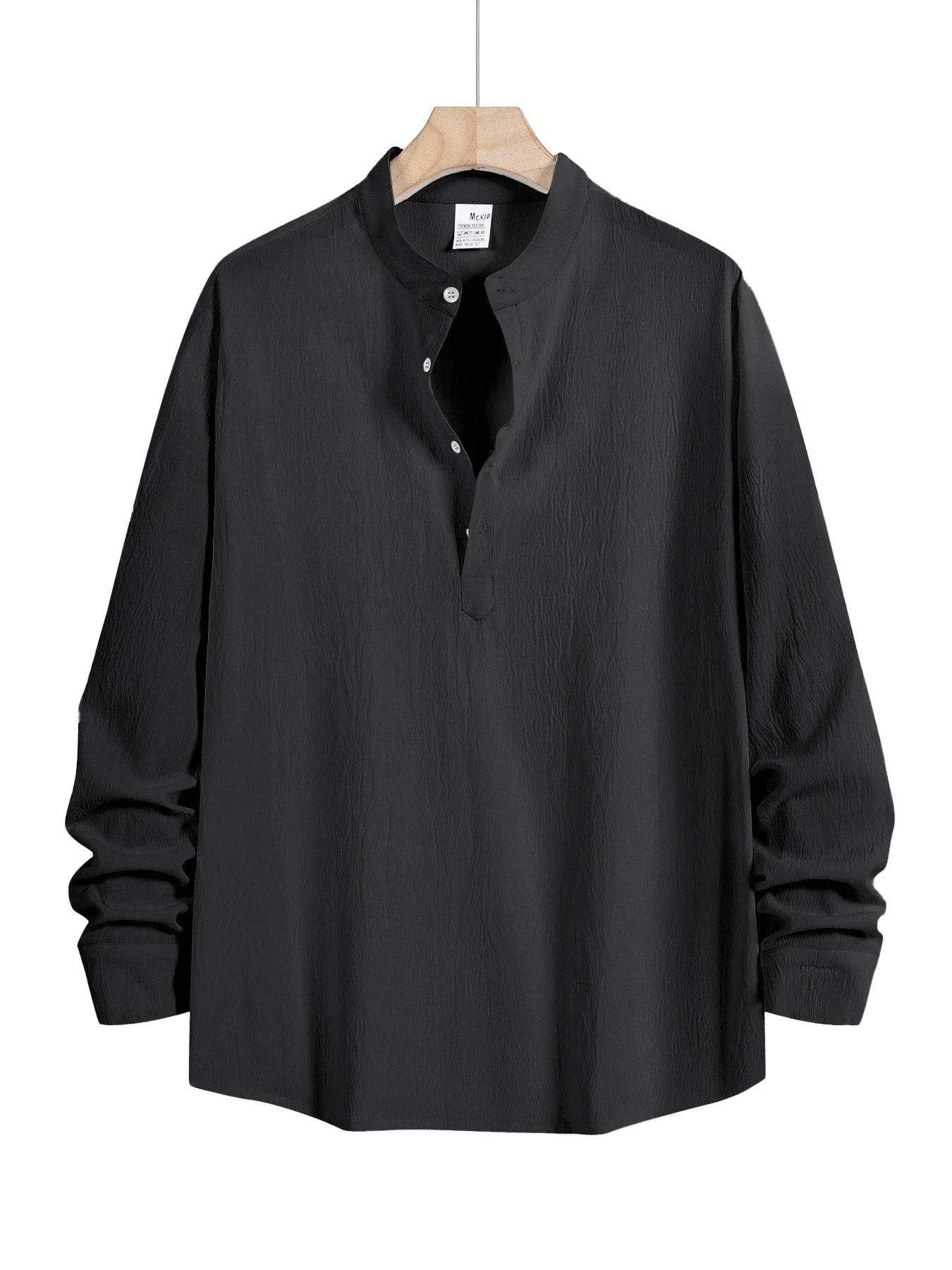 Men's Linen Shirt Summer 2025 Casual Short Sleeve Breathable Stand Collar Loose Fit Trendy Solid Color Youth Top with Pocket - AIAZ