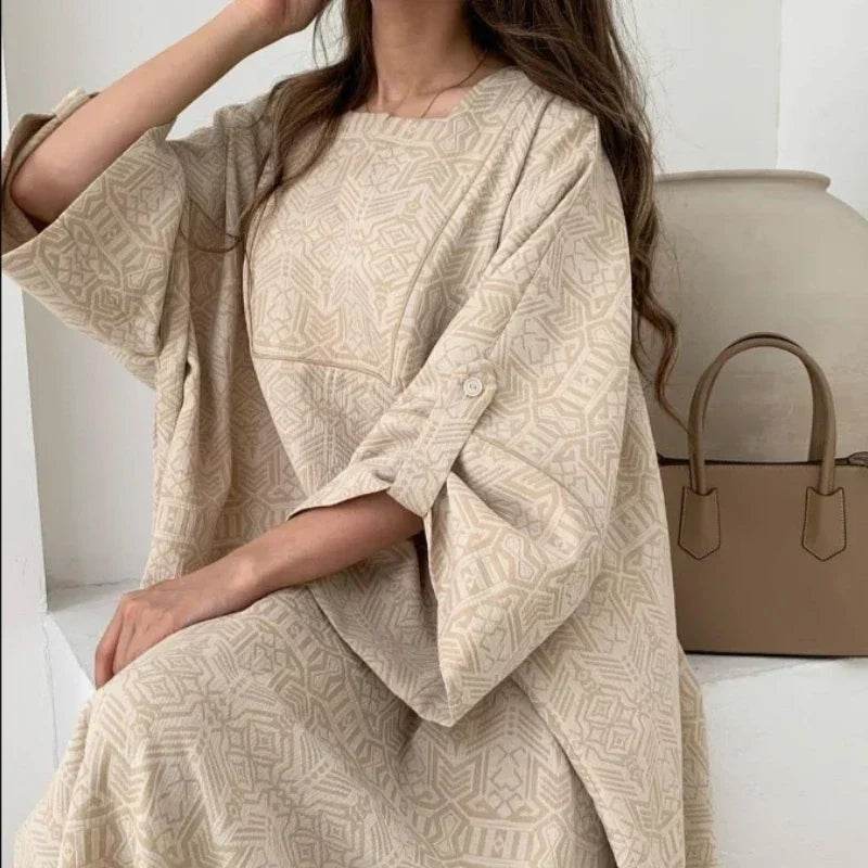 2024 Summer Fashion New Muslim Women Loose Ethnic Style Plus Size Dress Printed Square Neck Elegant Casual Party Women's Wear - AIAZ