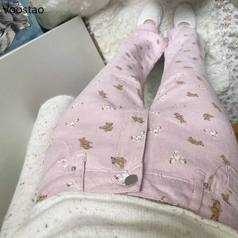 Pink Jeans Women Sweet Cute Cartoon Bear Print High Waist Wide Leg Pants Vintage Girls Casual Y2k Aesthetic Loose Denim Trousers - AIAZ