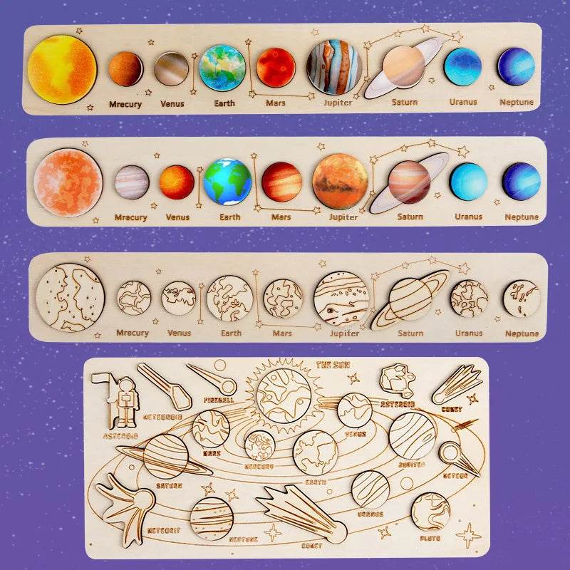 Children Wooden Space Planet Puzzles Montessori Toys Planet Matching Game Jigsaw Tray Universe Solar System Science Learning Toy - AIAZ
