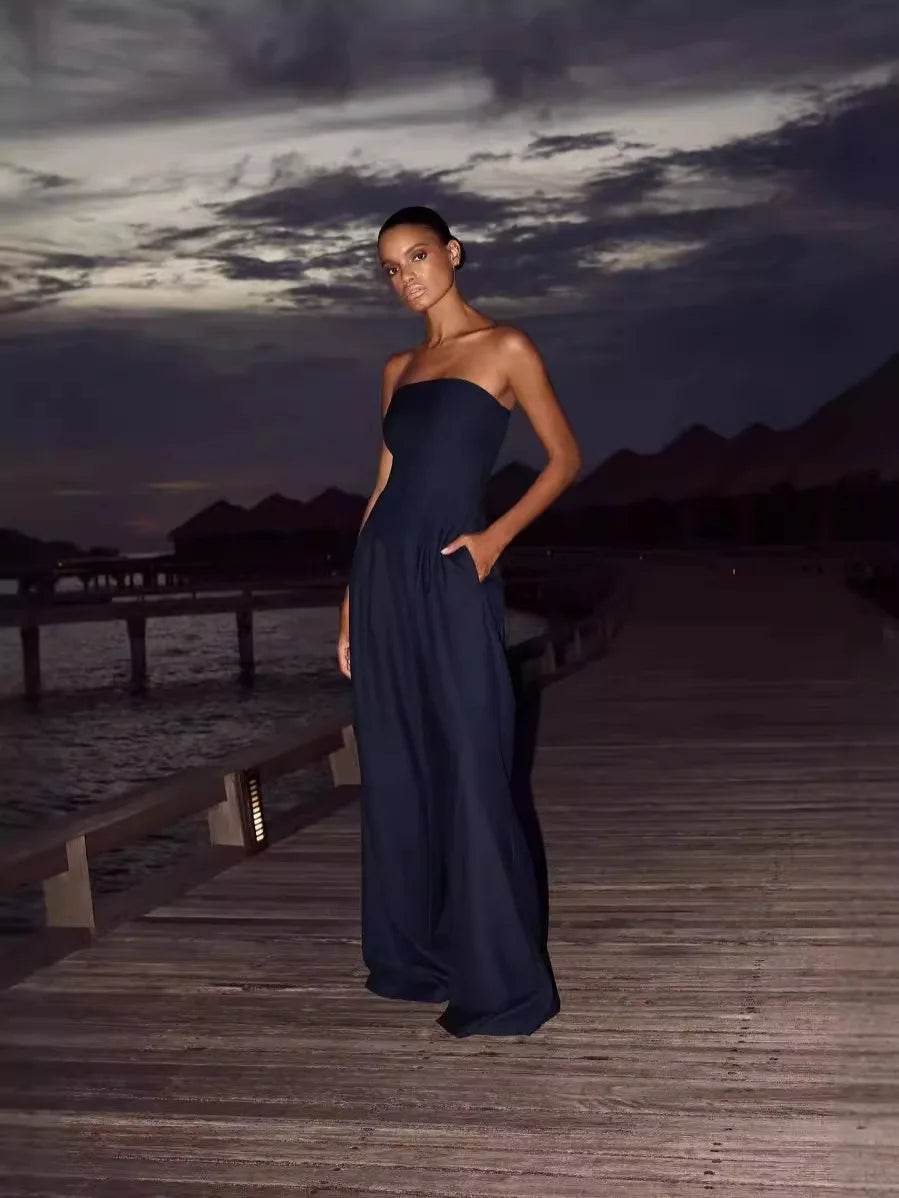 Summer Women Jumpsuit Fashion Strapless Solid Color Sleeveless Bandeau Loose Wide Legs Pants Casua Romper High Streetwear - AIAZ