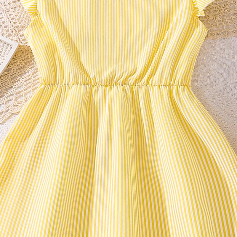 Girl Dress Summer New Light Blue Stripe Ruffled Sleeveless V-Neck Dress Elegant Cute Daily Casual Vacation Preppy Style Outifits