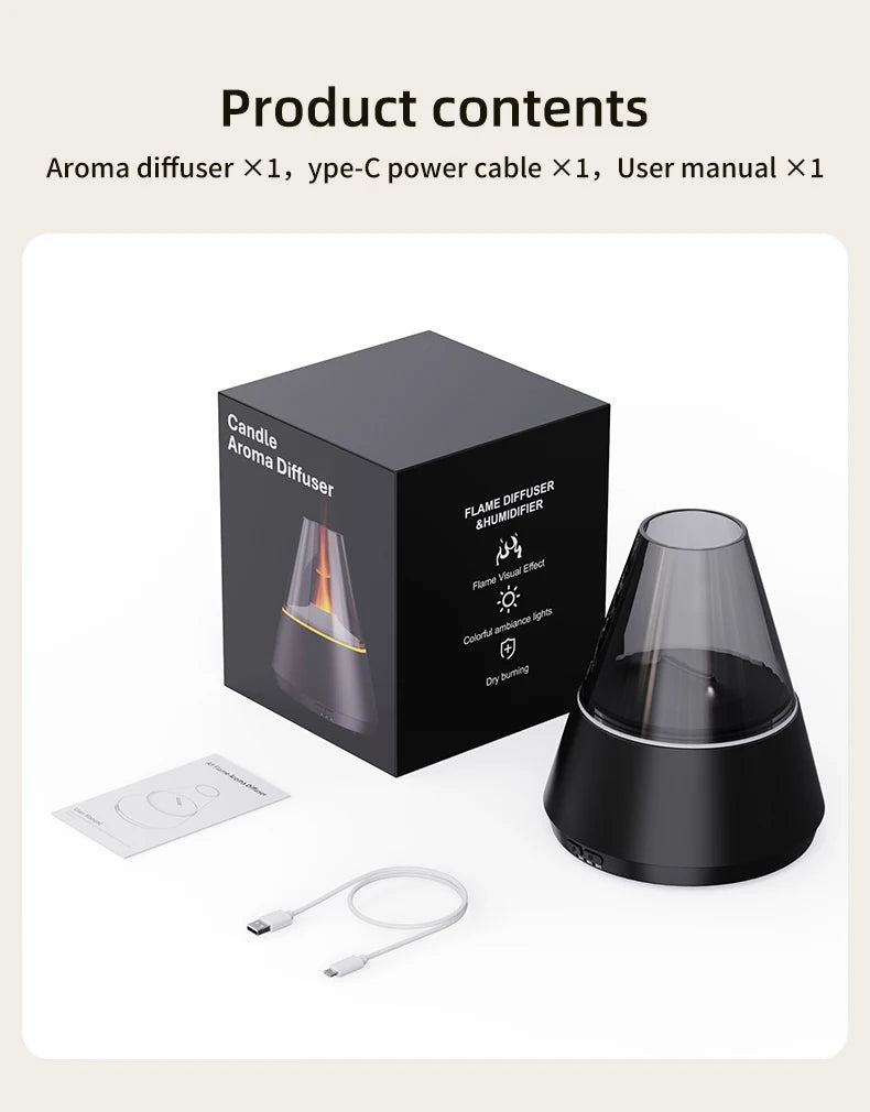 New Colorful Simulated Flame Night Light with Ultrasonic Air Humidifier 150ml Candle Flame Essential Oil Aroma Diffuser for Home