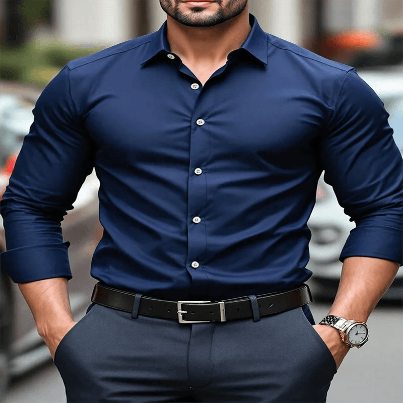 Men's classic formal navy blue dress shirt, long sleeve button down lapel shirt, slim fit, comfortable and soft - AIAZ