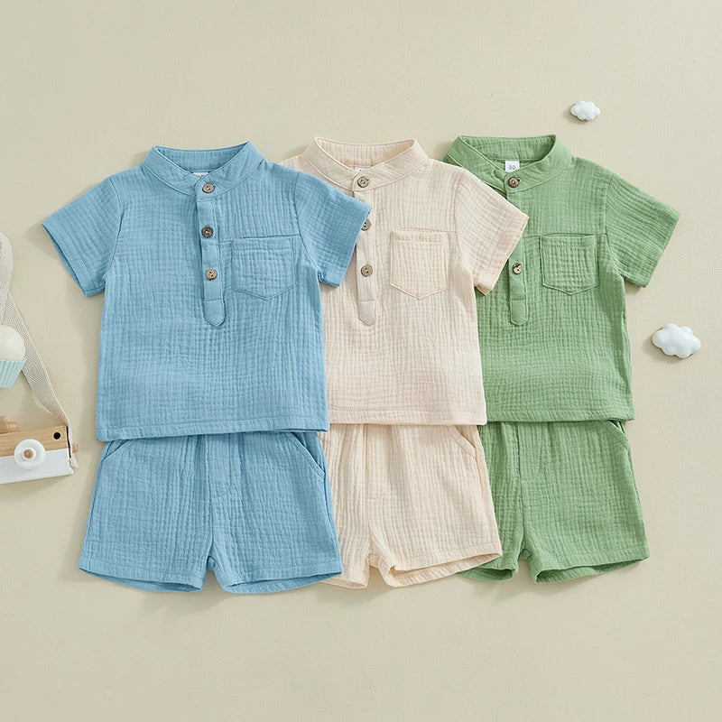 Suefunskry Toddler Boys Summer 2Pcs Casual Outfits Solid Color Short Sleeve Button Tops and Elastic Waist Shorts Sets 6M-4Y
