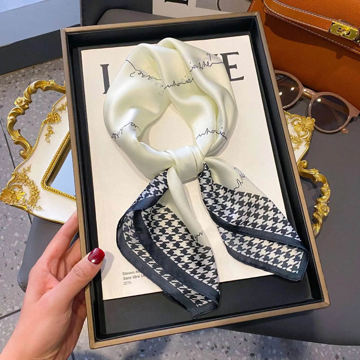 2025 NEW Hijab Head Girl Luxury Silk Square Plaid Scarf Women Satin Neck Hair Tie Band Soft Work Neckerchife Organza Scarf - AIAZ
