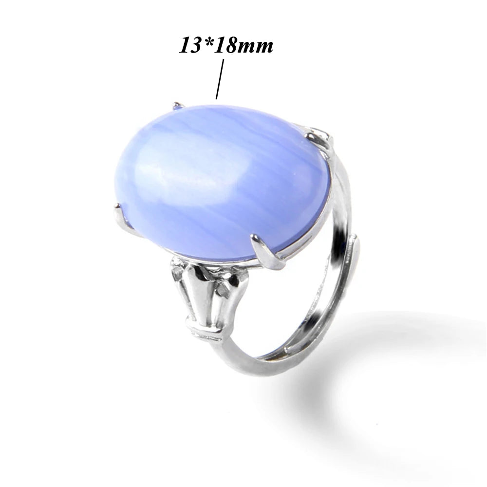 Cabochon Natural Stone Ring 10*14MM Oval Agates Turquois Quartzs Gem Finger Ring Silver Color Adjustable Open Rings Jewelry Gift