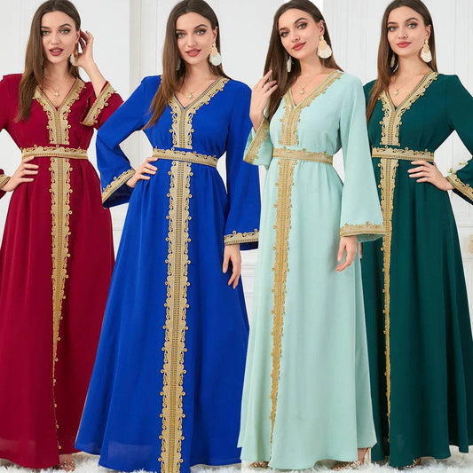 Muslim Women's Clothing Pure Color Splicing Basic Loose Embroidered Long Skirt Long Sleeve Dress - AIAZ