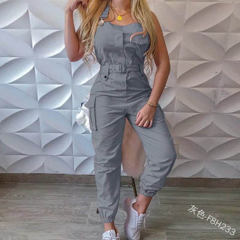 2025 Women's Casual Jumpsuits Cargo Playsuit Sleeveless O Neck Jumpsuit With Pocket and Belt Elegant Pencil Pants Loose Overalls - AIAZ
