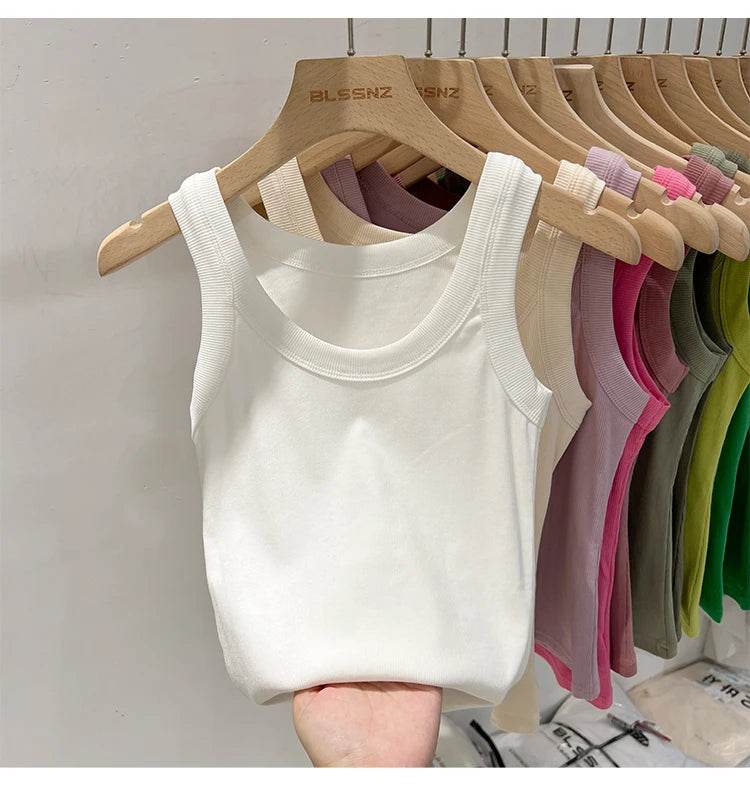 Women Solid Round Neck Ribbed Tank Top Camisole Women 2025 Summer Basic Elastic Tank Top O Neck Solid Tank Top - AIAZ