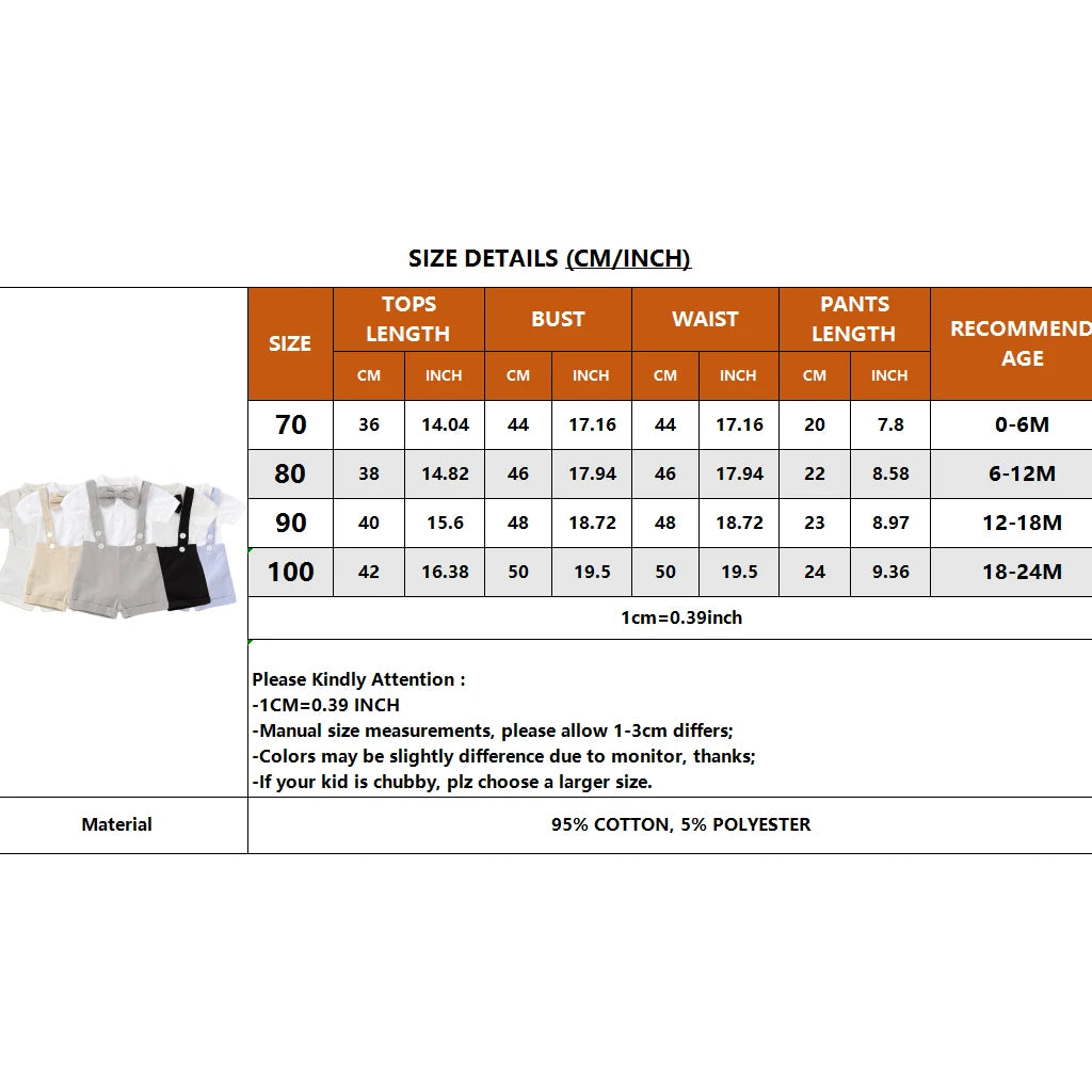 0-24 Months Newborn Baby Boy Gentlemen Clothes Set Bowtie Short Sleeve Cotton Romper+Suspender Pant Toddler Summer 2PCS Outfits
