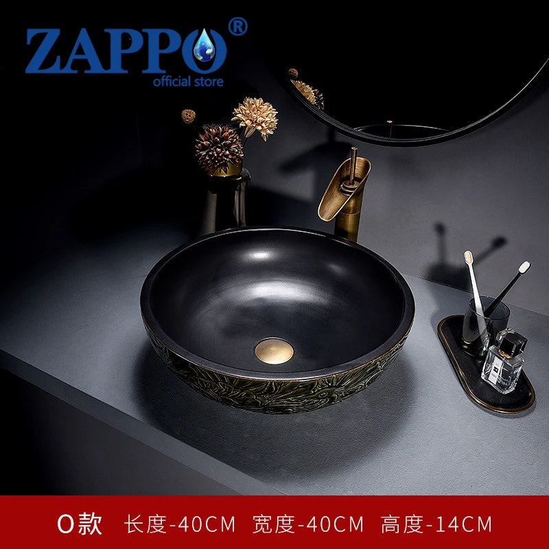 ZAPPO Round Vessel Sink with Faucet Drain JinDezhen Ceramic Vessel Sinks Oval Bathroom Sink Bowl Above Counter with Mixer Tap