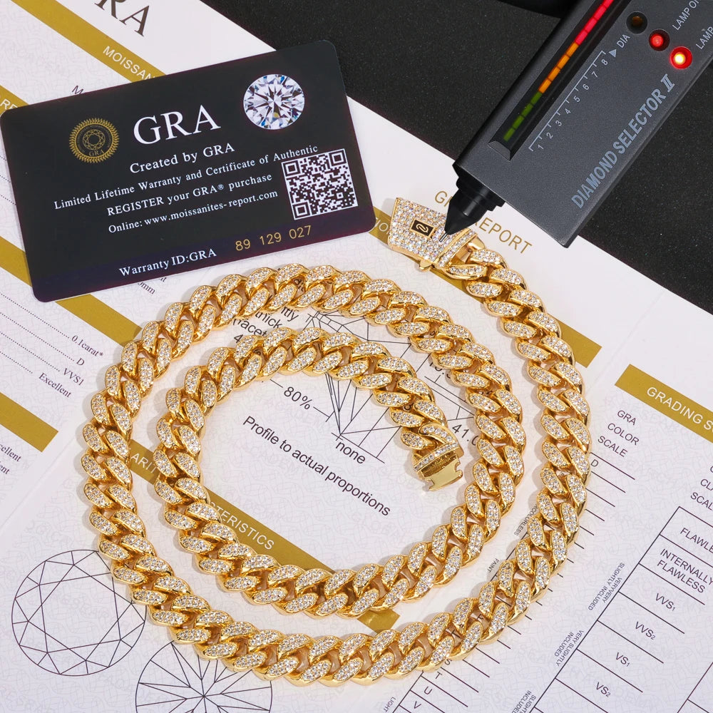 12mm S925 Silver Double Row VVS Frozen Diamond Monaco Chain 18K Gold Plated 100% Passed Diamond Tester Moissanite Necklace