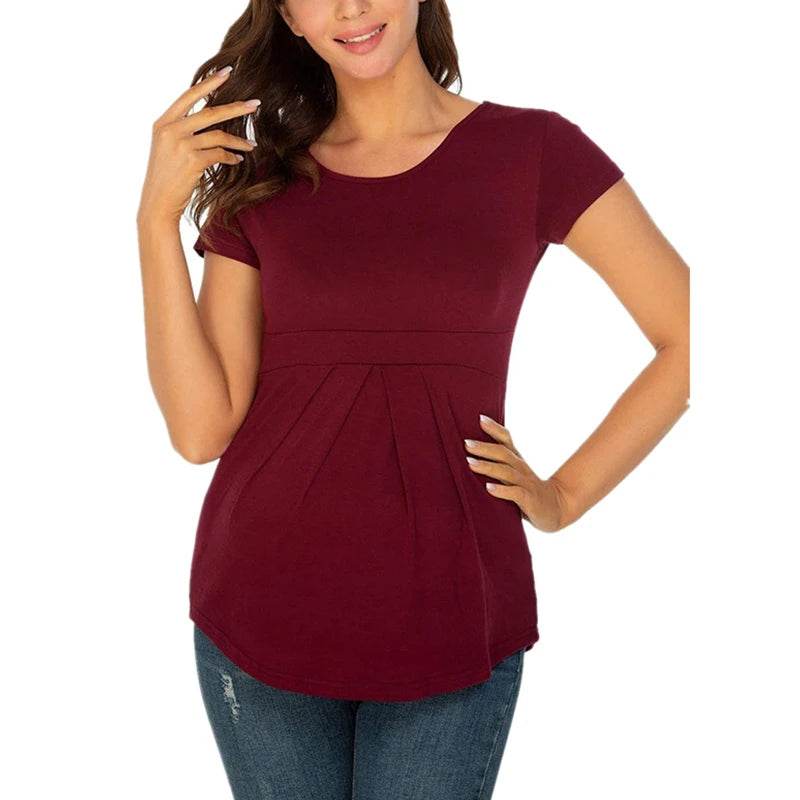 Summer Maternity Tops Women Pregnancy Short Sleeve T-Shirts Casual Tees for Pregnant Elegant Ladies Folds T-Shirt Women Clothes - AIAZ