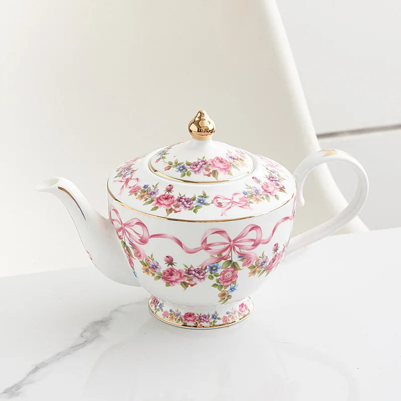 Ceramic Cup and Saucer Retro Bone China Coffee Cup French Romantic Elegant Floral Bow Afternoon Tea Drinkware Handmade Teapot