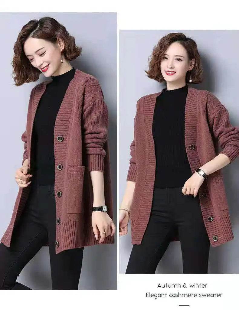 Knitted cardigan women's mid length westernized top autumn and winter new Korean version loose sweater age reducing jacket women - AIAZ