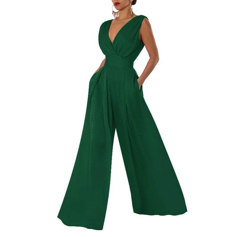 Jumpsuit Women Summer New Sleeveless Sexy Deep V-neck Solid Color High Waist Wide Leg Jumpsuits Elegant Commuting Lady Playsuits - AIAZ