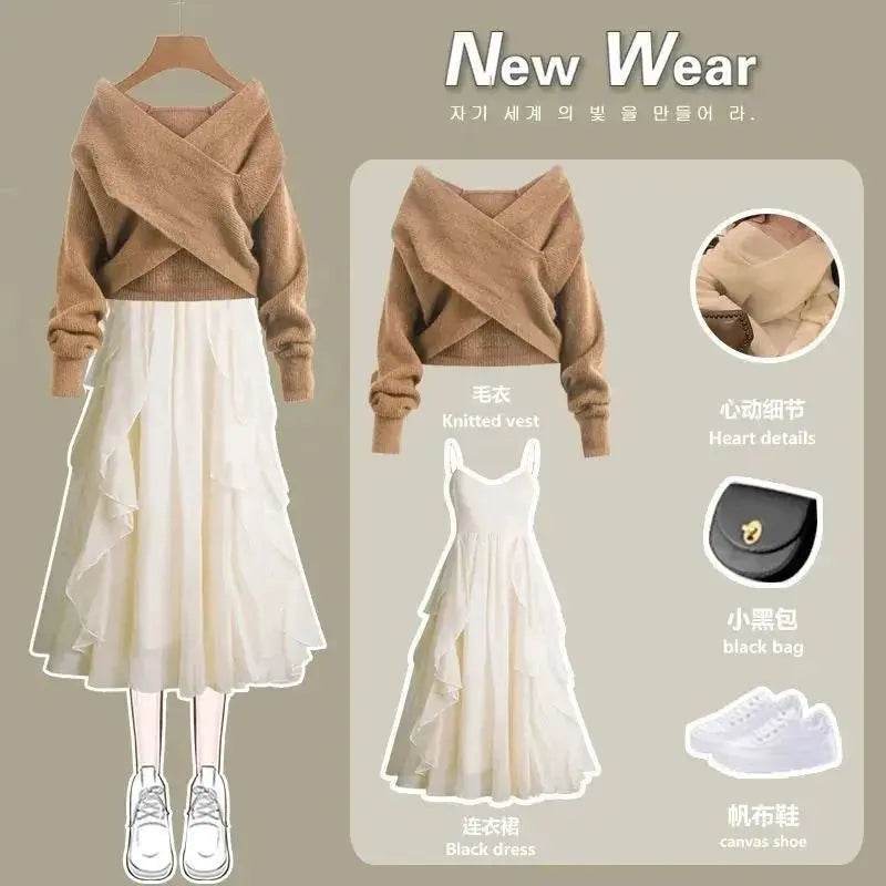 Women's Knitted Sweater Skirt Two Piece Set Women Slim Elegant Tops Female Sweater Dress Suits Lady Knitting Outfit - AIAZ