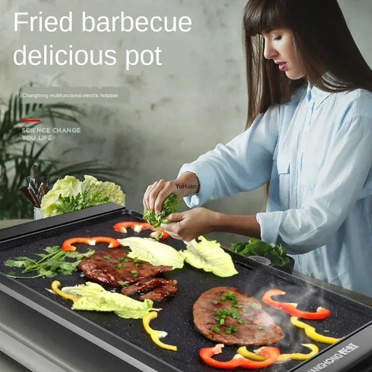 220V Korean Style Non-Stick Electric Grill Pan for Smokeless BBQ, Hotpot and Griddle Cooking at Home A