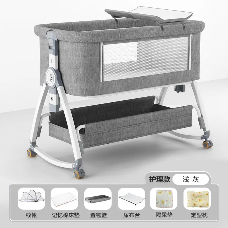 Crib Movable Multi-Function Folding Height Adjustment Splicing Queen Bed Baby Bassinet Newborn Baby Bed Anti-Overflow