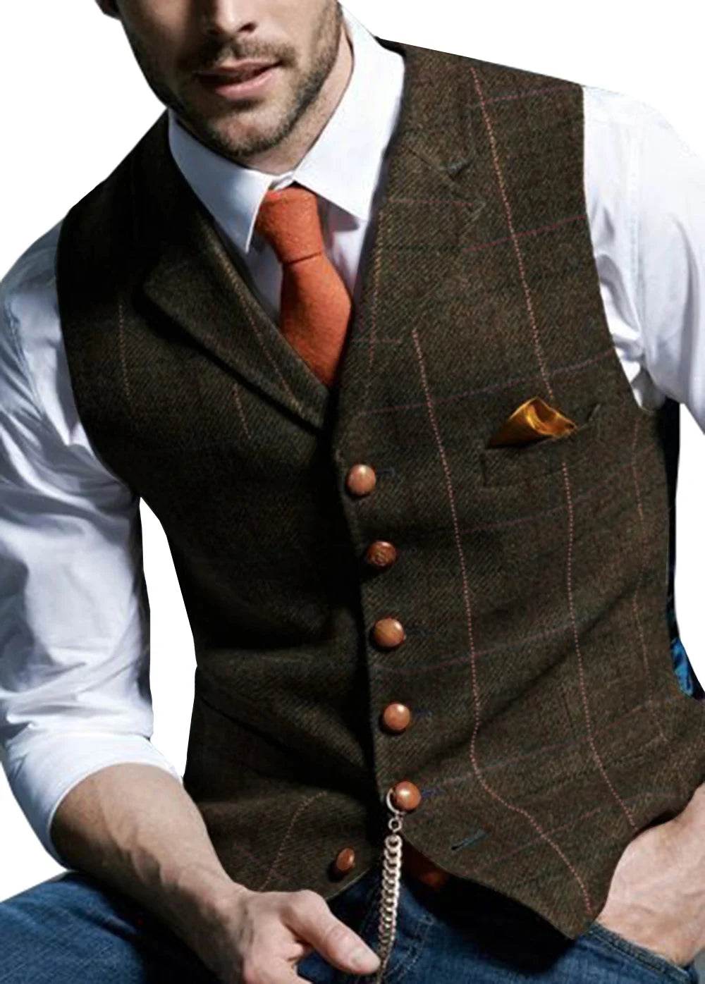 Men's Vests Tweed Suit Business Clothing for Men Striped Waistcoat Punk Vest Groomman Wedding Brwon Black Grey Jacket Bleazer - AIAZ