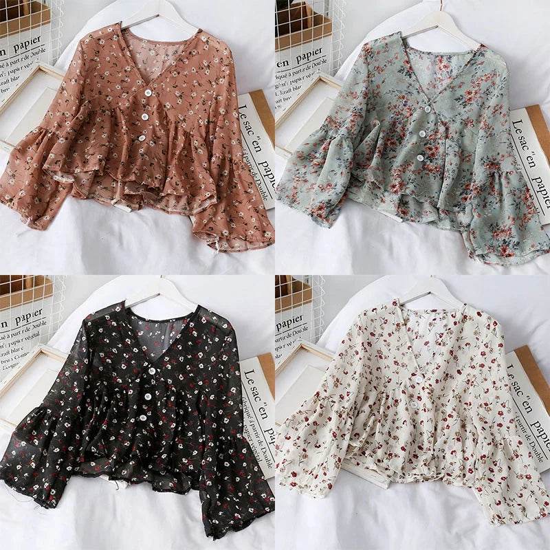 Blouses Women Temperament V Neck Floral Print Sweet Small Fresh Long Sleeves Chiffon Shirt Autumn All-match Short Crop Top - AIAZ