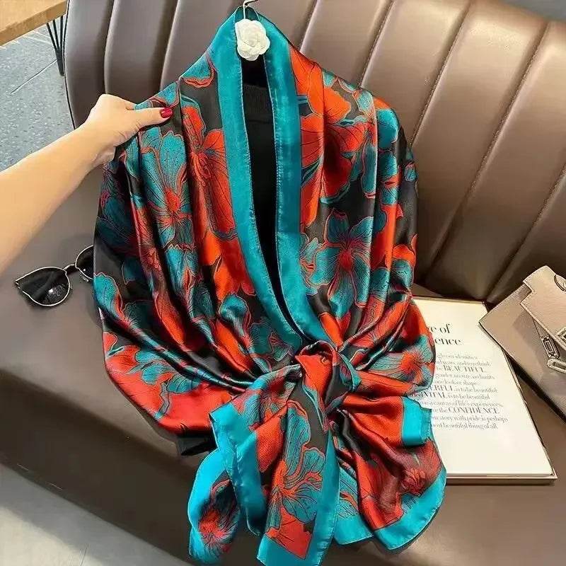 New Summer Women's Silk Scarf Sun Protection Satin Print Extra Long Beach Cover Up Decorative Mom's Shawl Fashionable Accessory - AIAZ