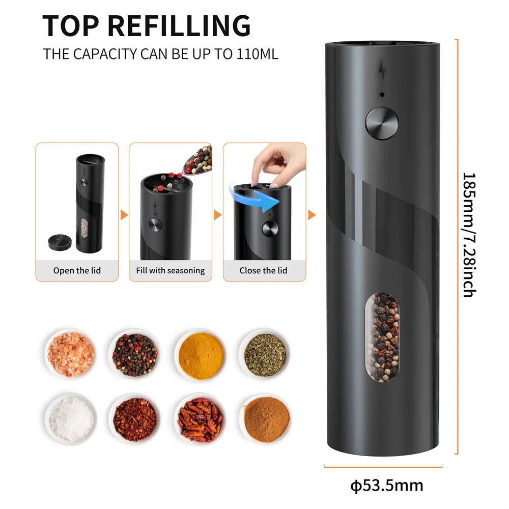 110ml Rechargeable Electric Salt and Pepper Grinder Shakers USB Automatic Djustable Coarseness Spice Mills for Kitchen Gadgets