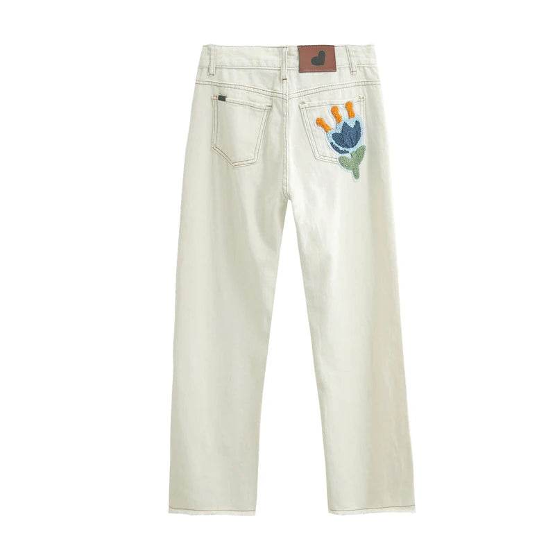 White Jeans For Women Spring High Waist Fashion Flower Design Straight Denim Pants Chic Loose Wide Leg Casual Trousers - AIAZ